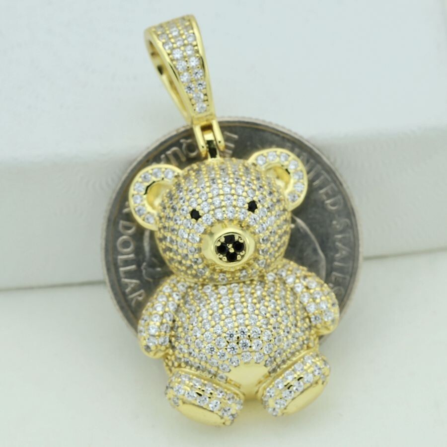 925 Sterling Silver,Teddy bear,CZ Iced 3D Small 38mm 18k Gold Plated,Pendant.Box