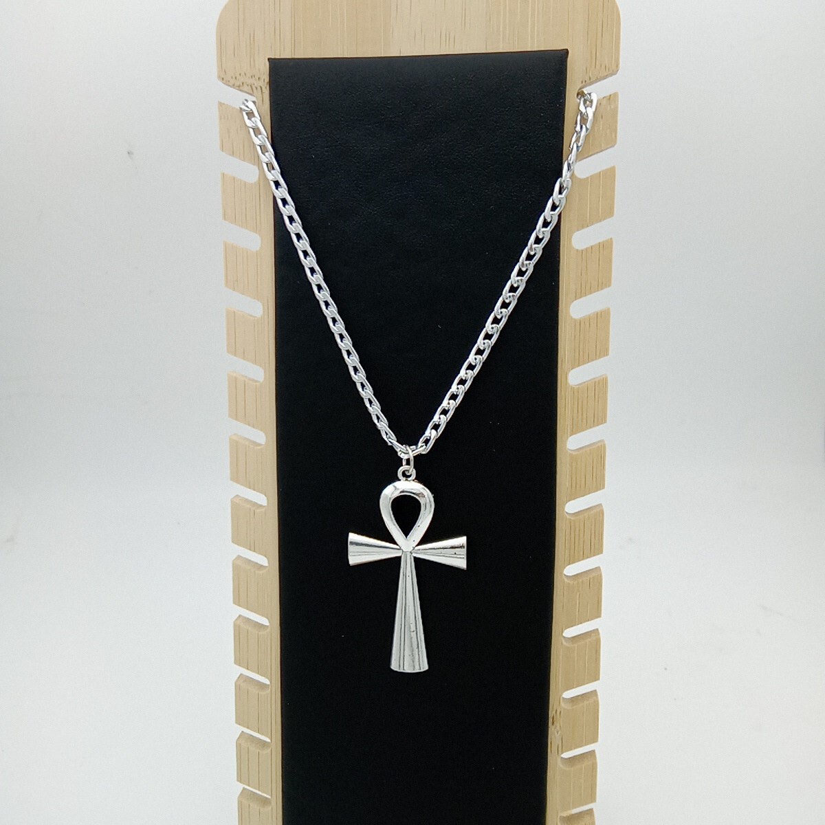 Ankh Necklace Key of Life CROSS Pendant & 24″ Curb Chain Big Vintage silver Tone