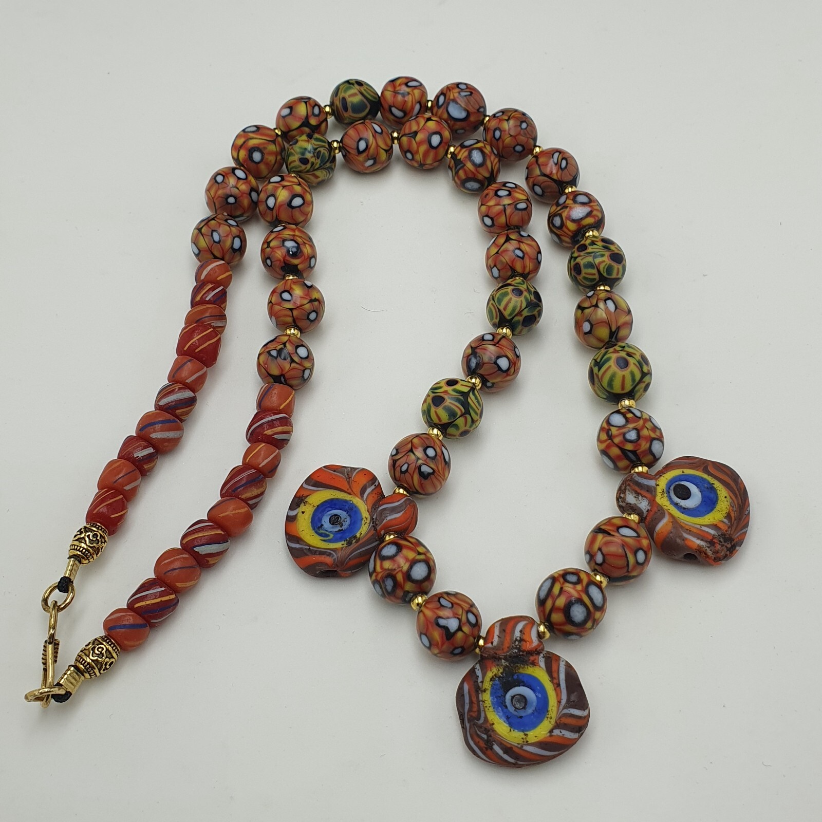 Vintage Venetian Style Eyes Glass with Old 3 Eyes Glass Beaded Necklace