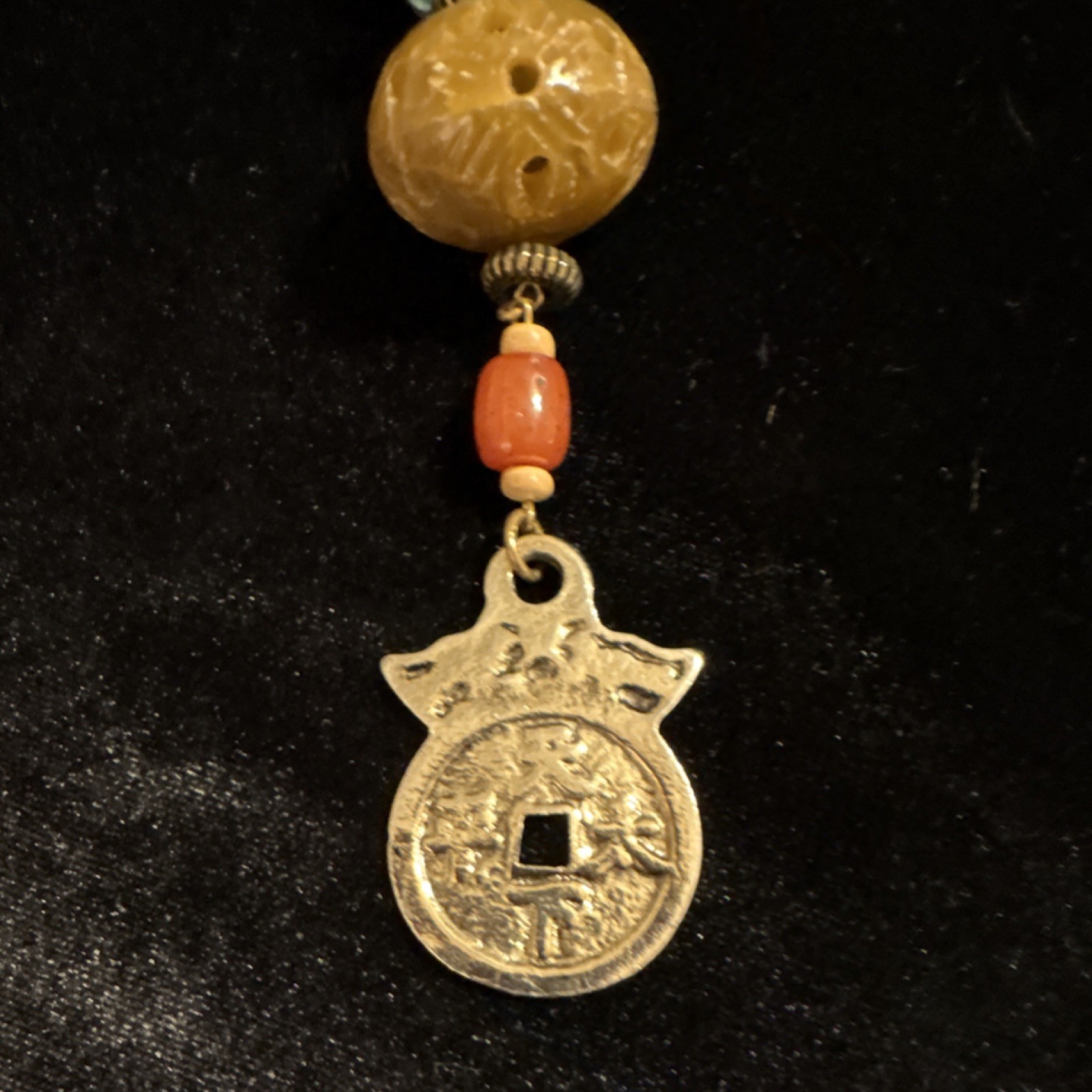 Vtg Multicolor Wood, Metal & Carved Bead Cord Necklace with Asian Charm Pendant