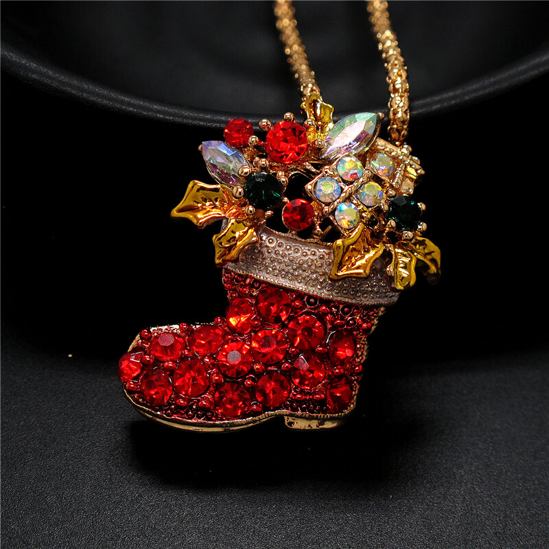 Fashion Women Red Rhinestone Enamel Christmas boots Pendant Sweater Necklace