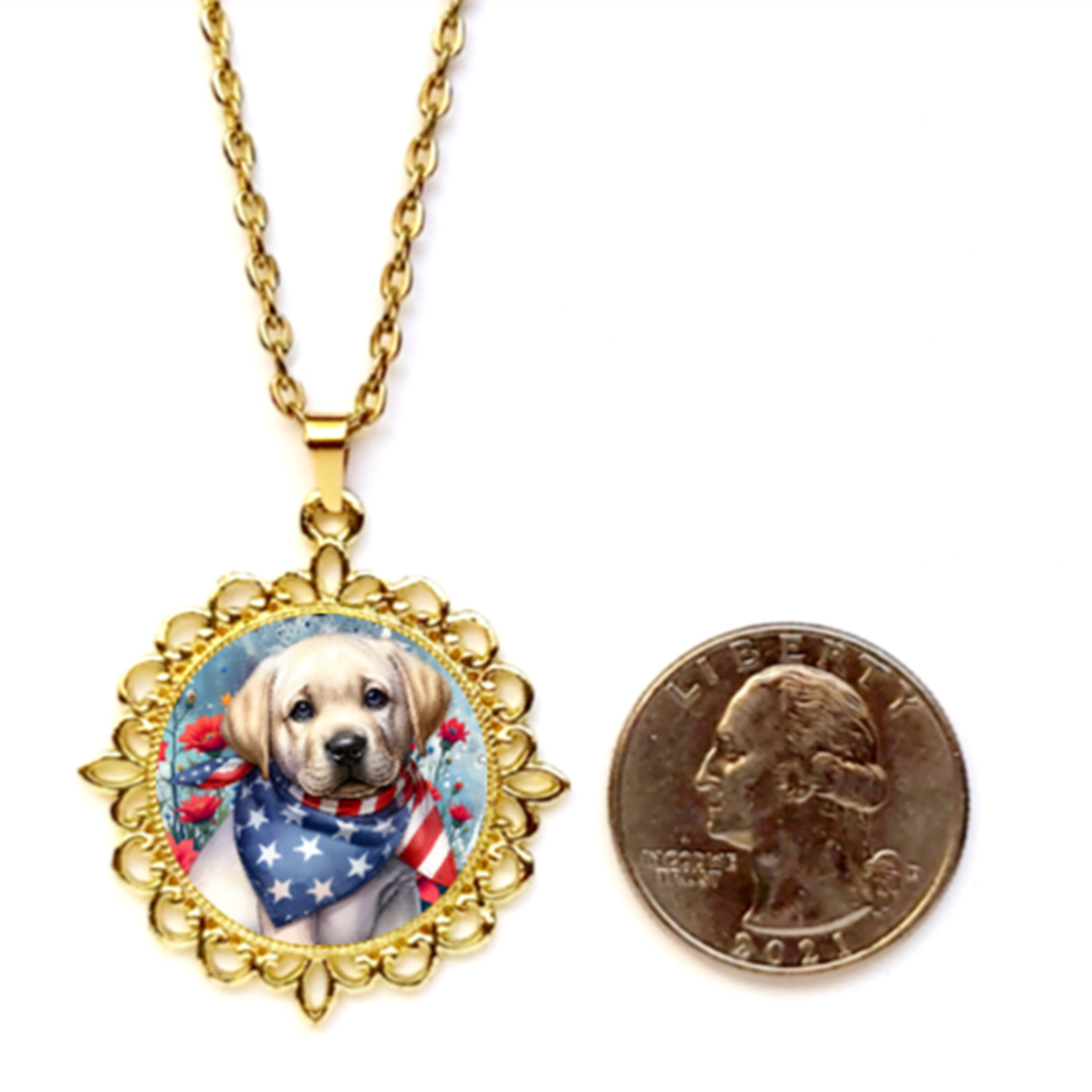 Patriotic Puppy Dog 4th Of July Bezel Pendant Silver Gold Rose Gold Tone USA