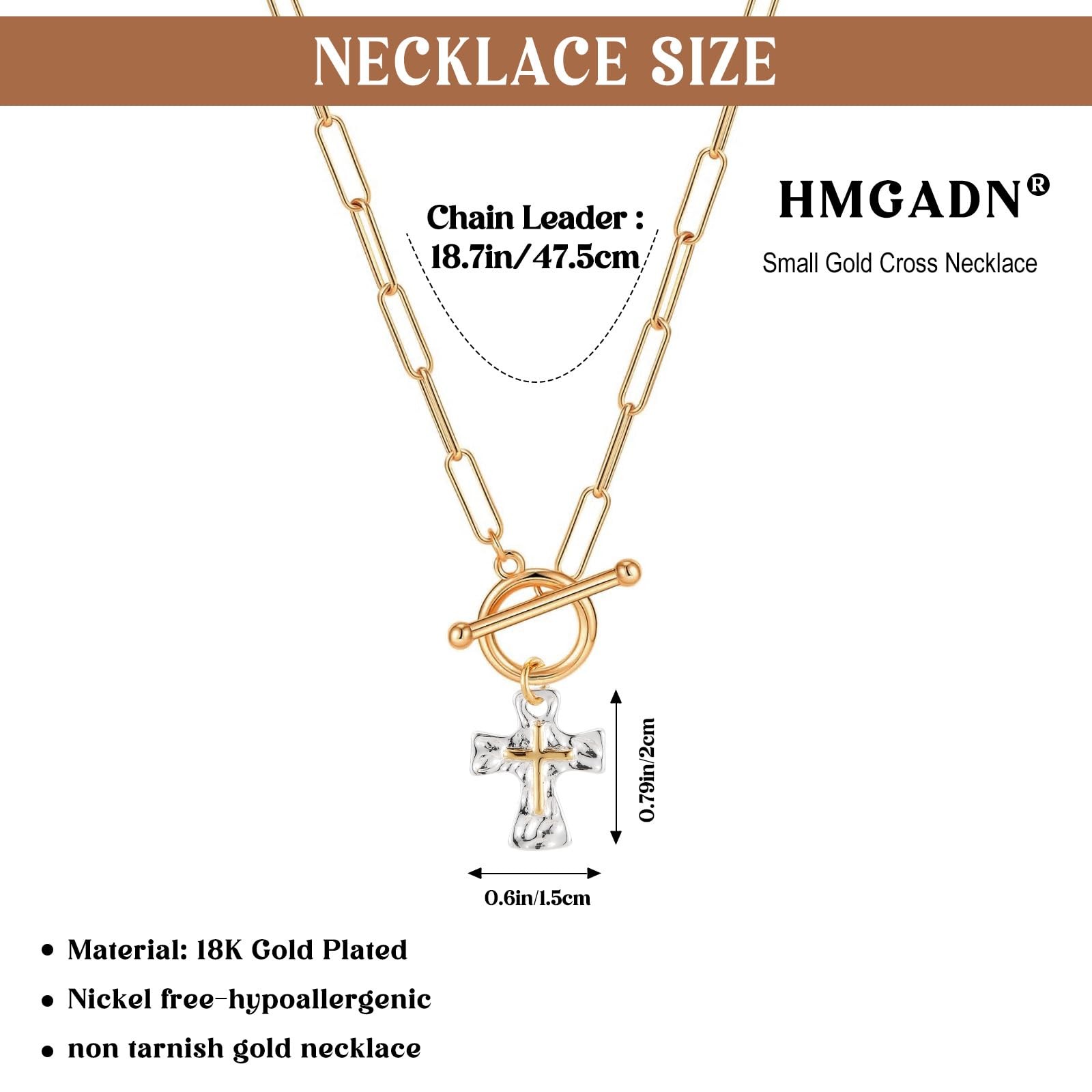 HMGADN Chunky Cross Necklace for Women Trendy Dainty 18K Gold 46cm, Silver
