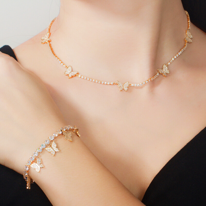 Cubic Zirconia Tennis Butterfly Connect Clavicle Round Choker Necklace for Women