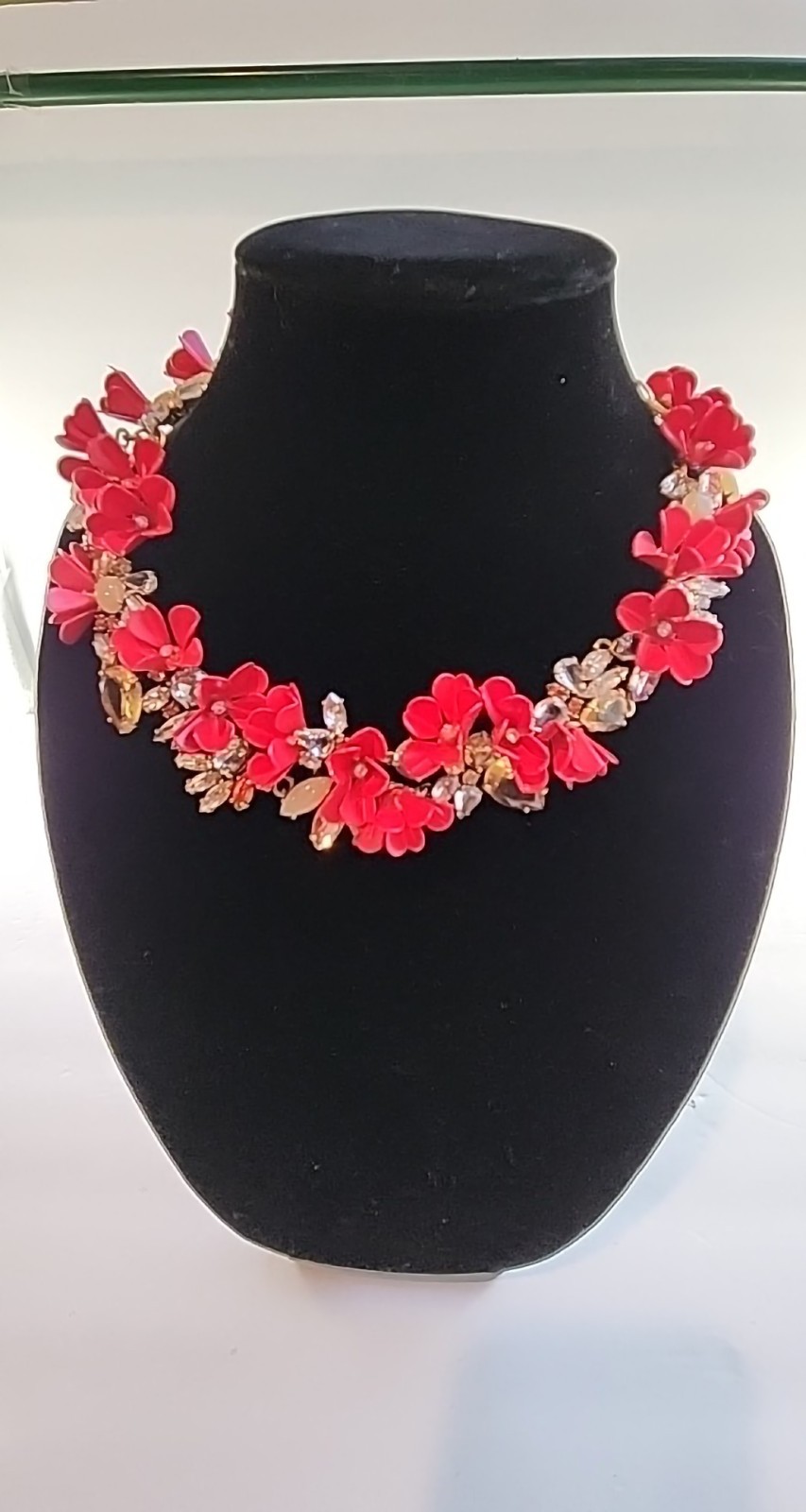J.CREW Signed Red Flower Collar Statement Necklace Crystal Rhinestone Lobster