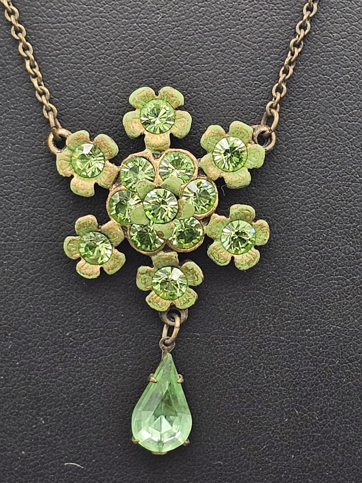 Signed Michal Negrin Peridot Green Swarovski Crystal Floral Necklace Bronze Tone