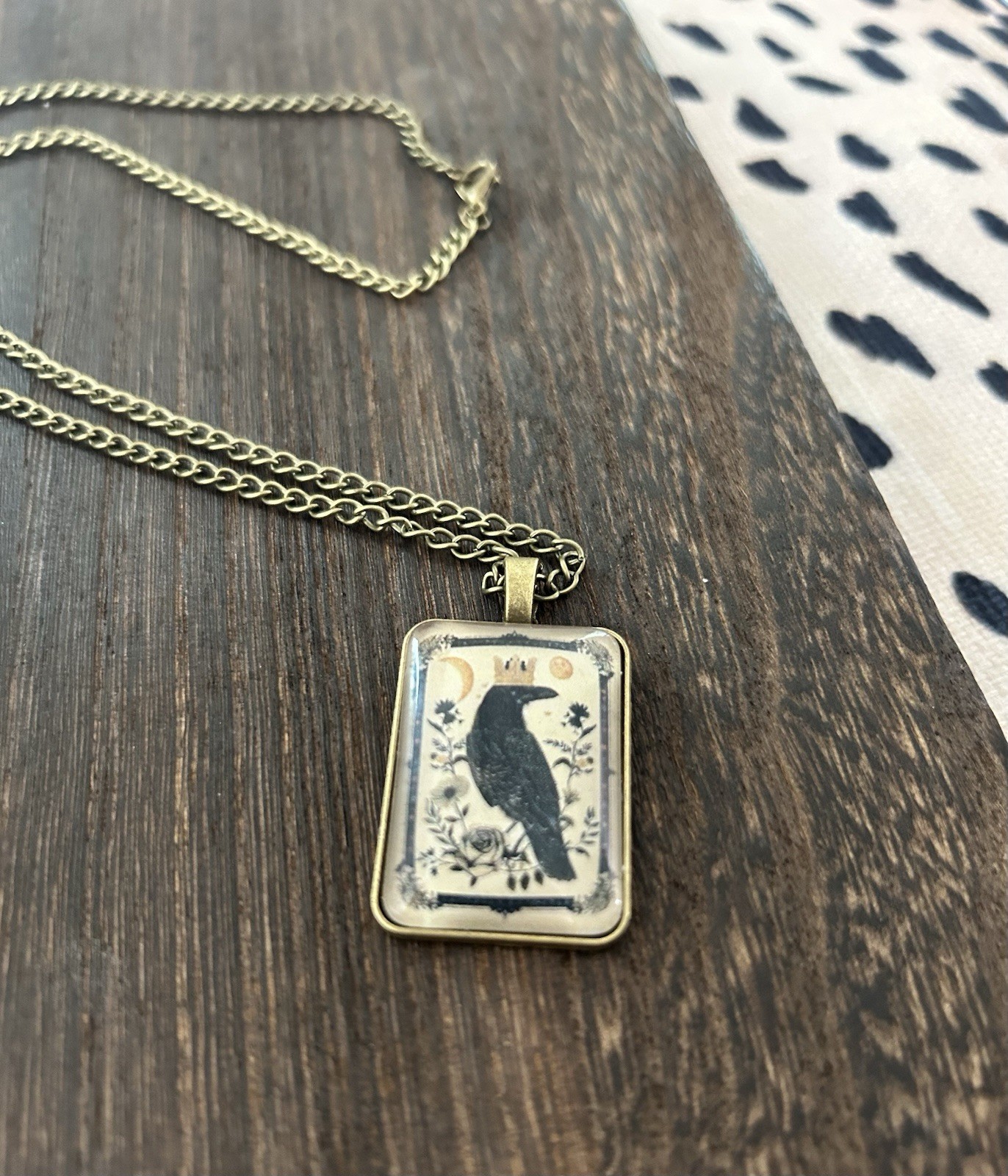 Antique Brass Crowned Crow Pendant Necklace (1.5” Pendant W/20” Chain)