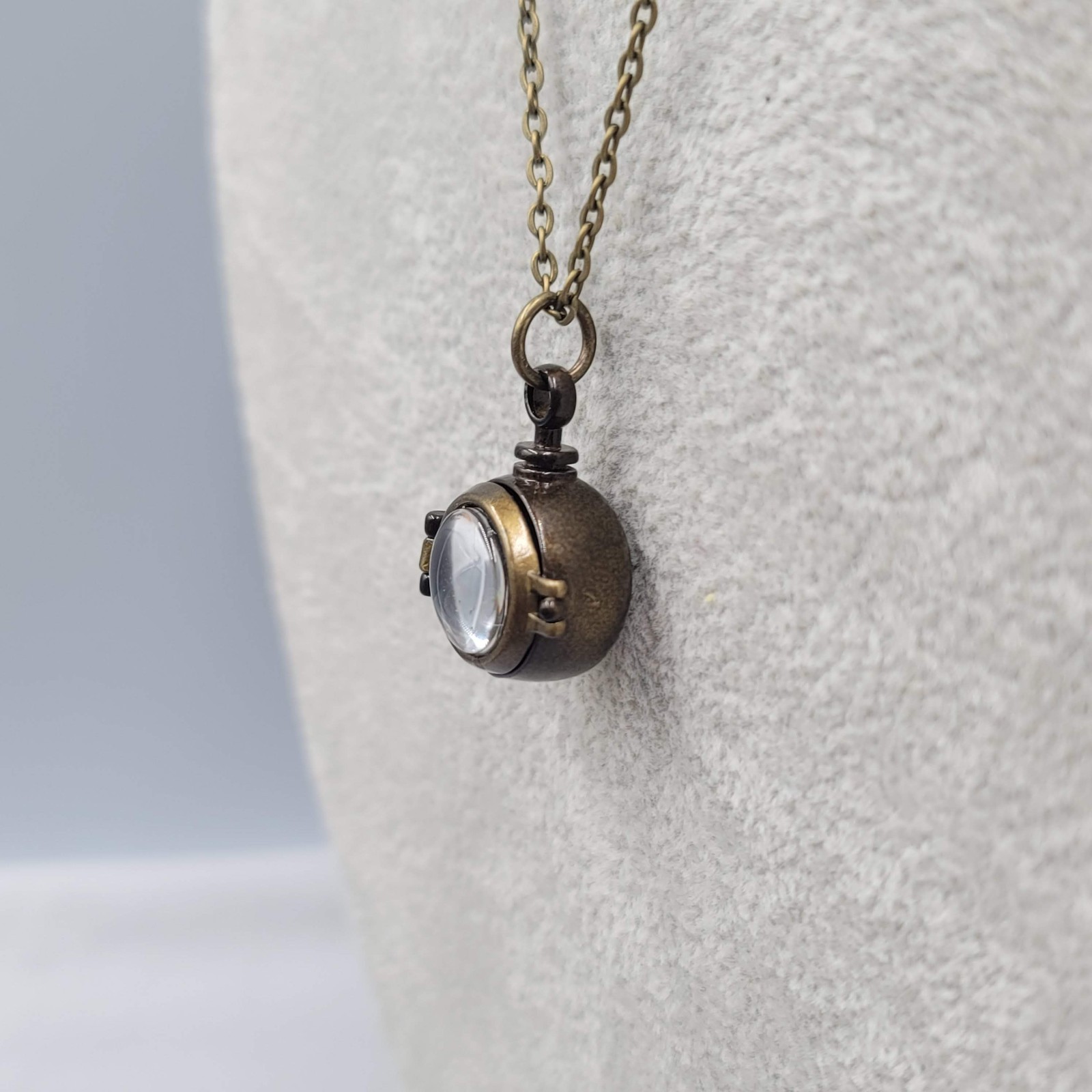 Glass Bubble Locket Charm Cage Pendant Necklace Bronze tone Chain 20″