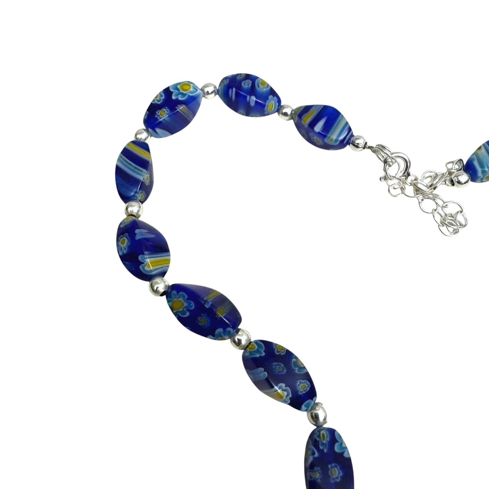 925 Silver Blue Millefiori Glass Beaded Necklace Floral Collar Accent 7.5 in L