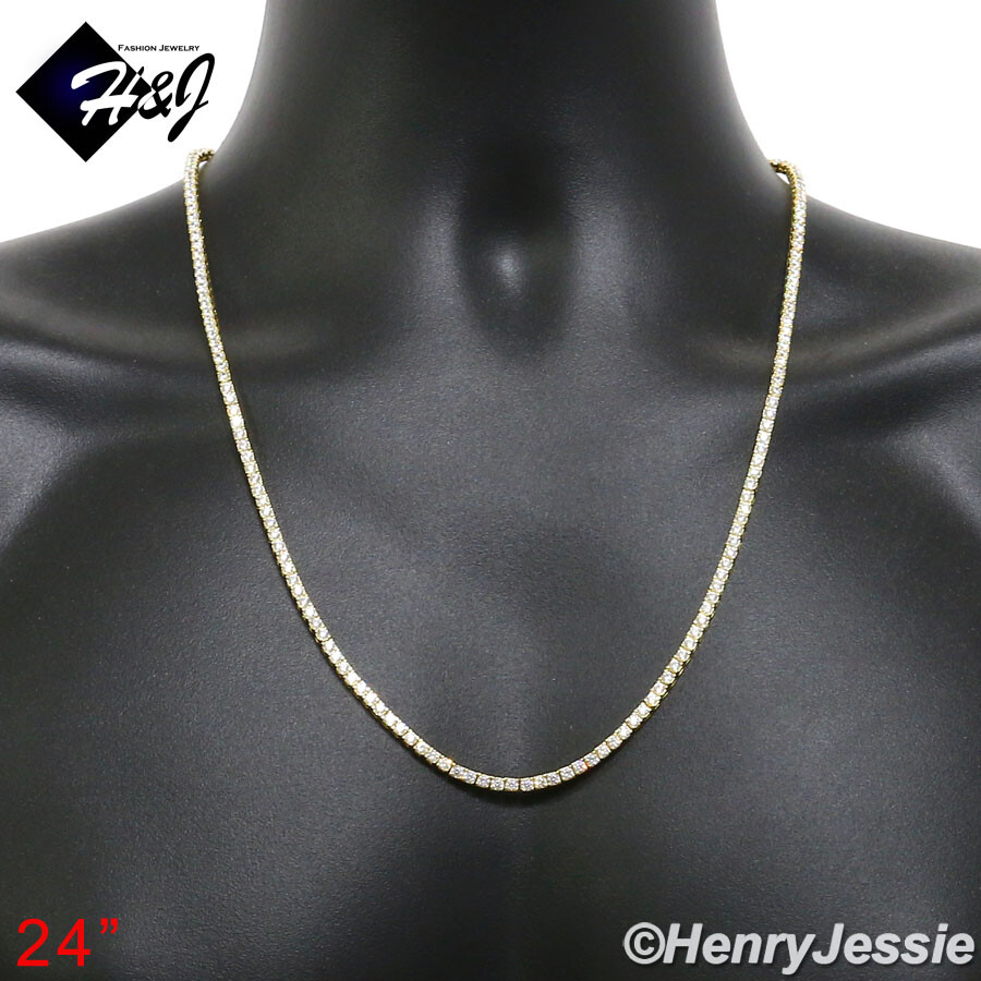 925 STERLING SILVER ICY BLING CZ 17-28″X3MM GOLD PLATED 1 ROW TENNIS NECKLACE*10