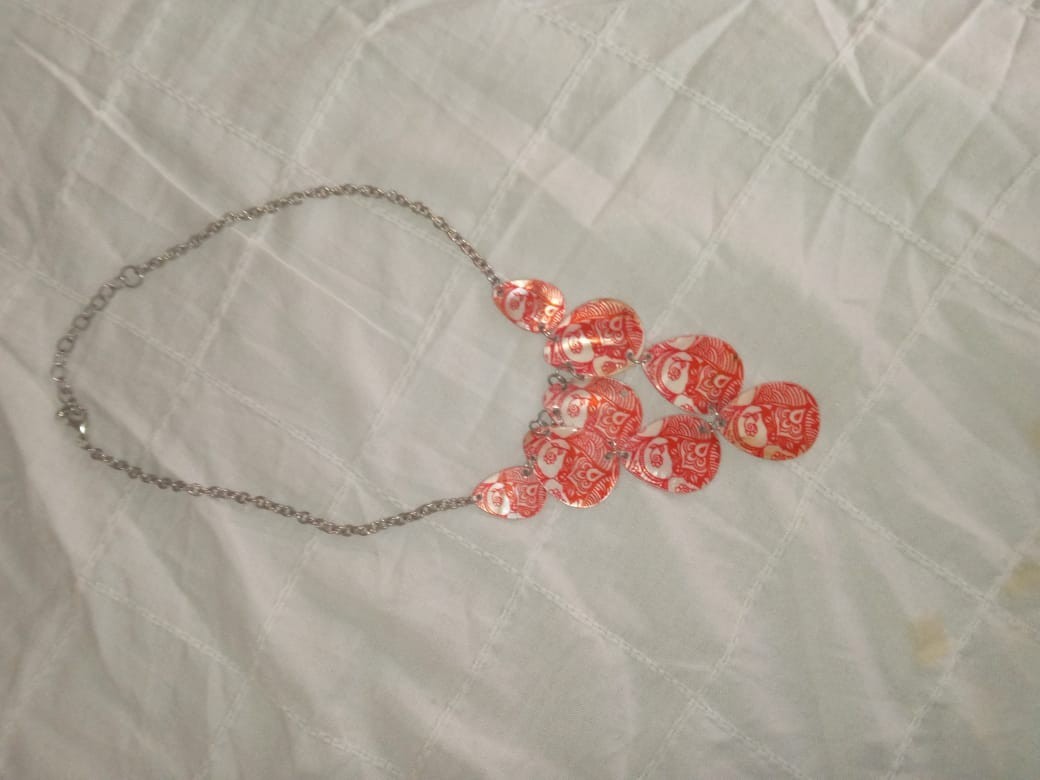 Red and Silver Women’s Necklace Jewelry Peddle Shaped Metal Pieces