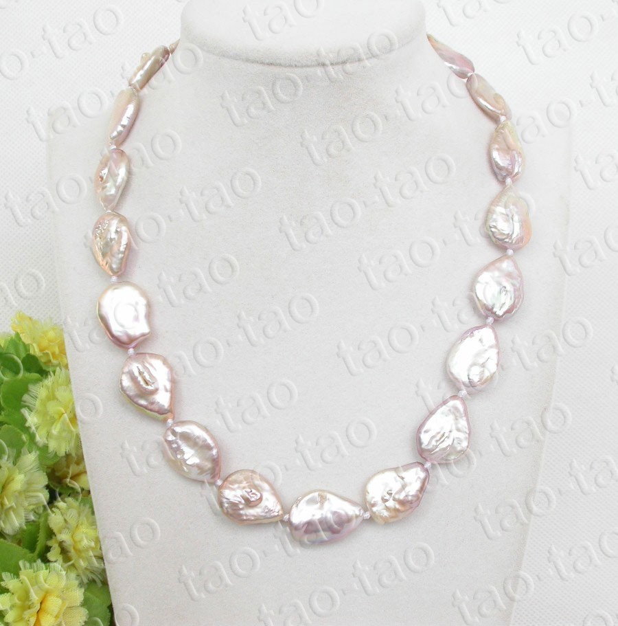 Luster 18″ 19mm natural melon seeds coin purple freshwater pearls beads necklace