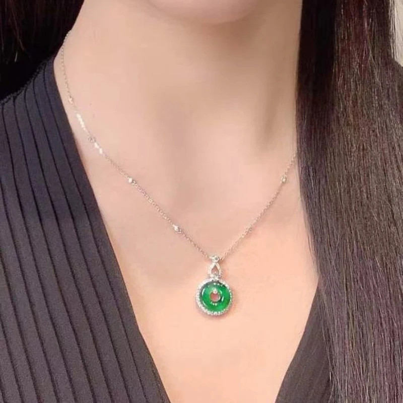Natural Hetian Chrysoprase Pendant Inlaid Crystal Vintage Chinese Style Necklace