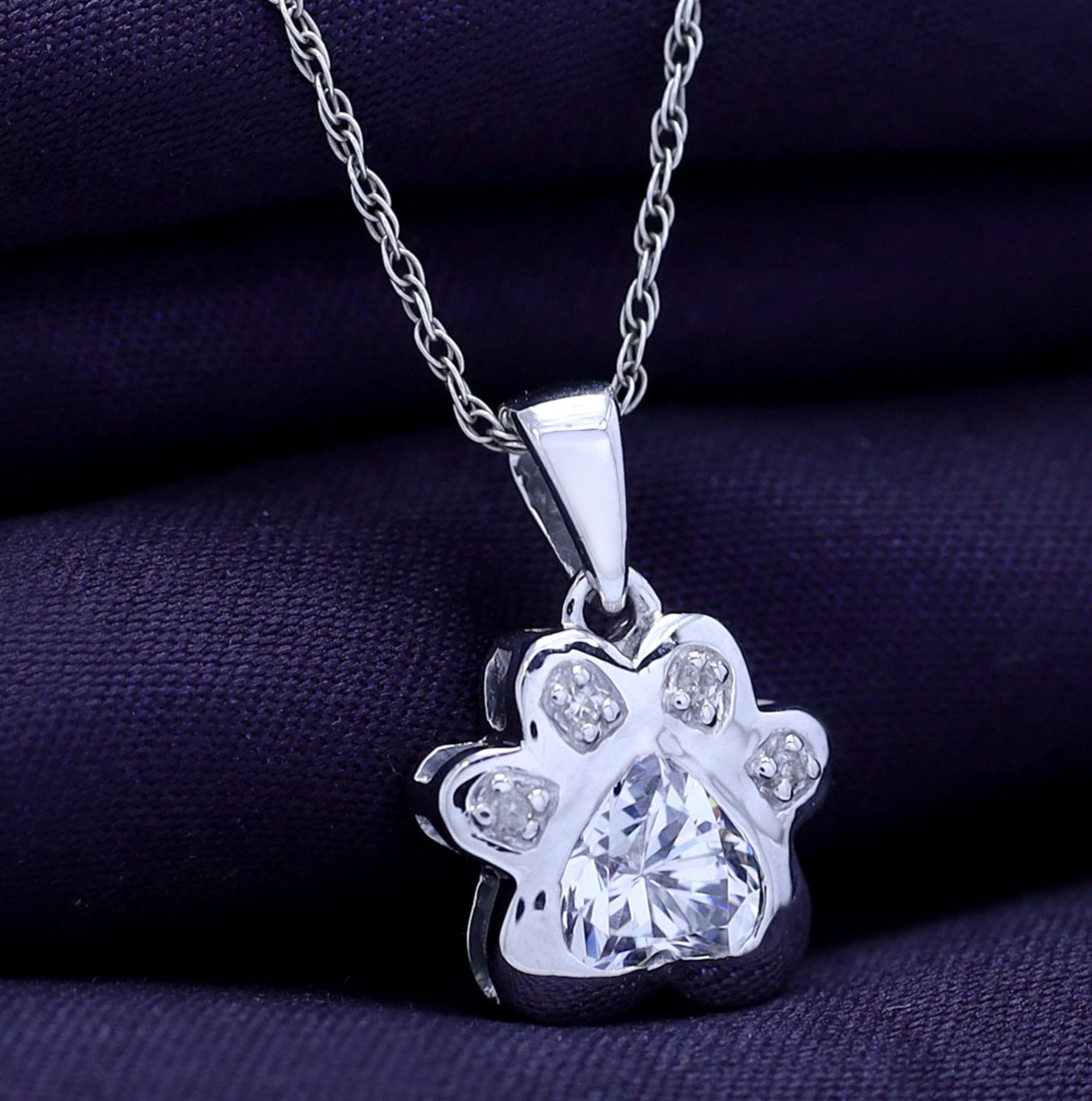 Accent Paw Print Pendant 18″Necklace Simulated Birthstone 925 White Gold Plated