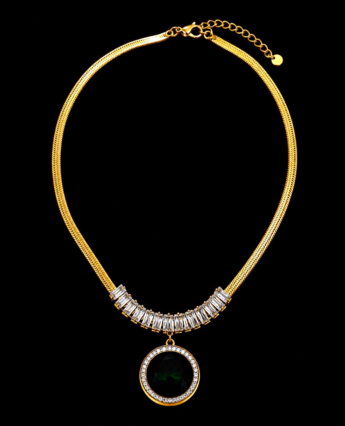 Gold Tone Snake Chain Necklace Green Round Bezel Pendant Adjustable Lobster