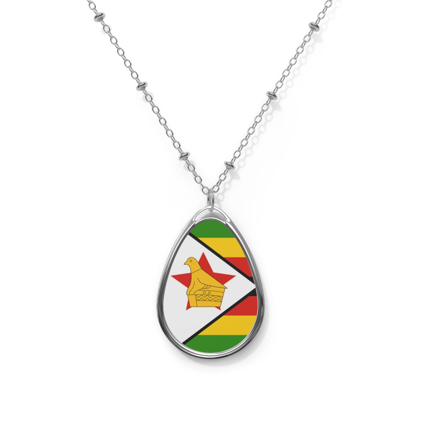 Zimbabwe Flag Oval Necklace – Patriotic Gift Pendant – One Size / Silver