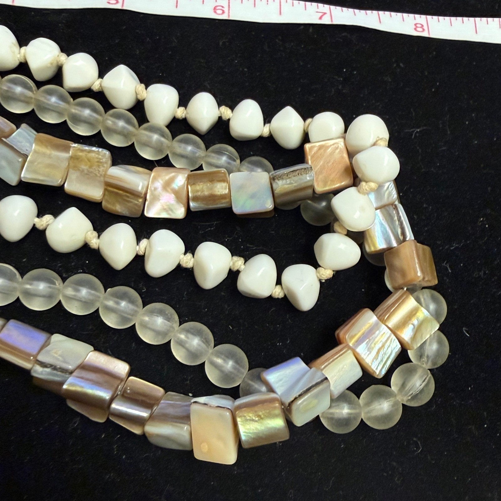 Multi Strand Mother of Pearl Shell and Frosted Bead Layered Necklace Boho