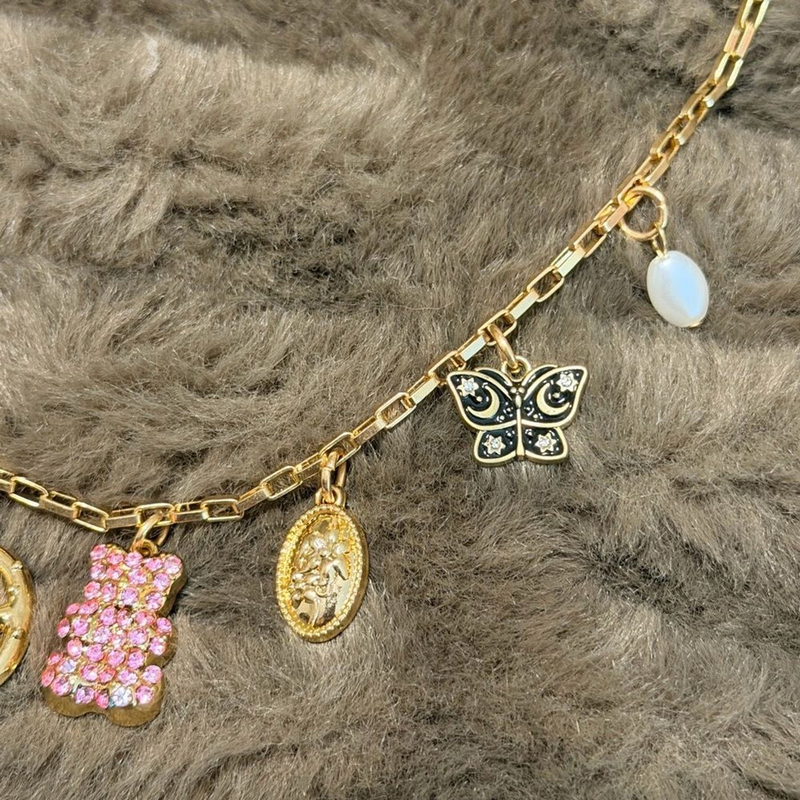 Gold Charm Necklace with Pink and White Accents