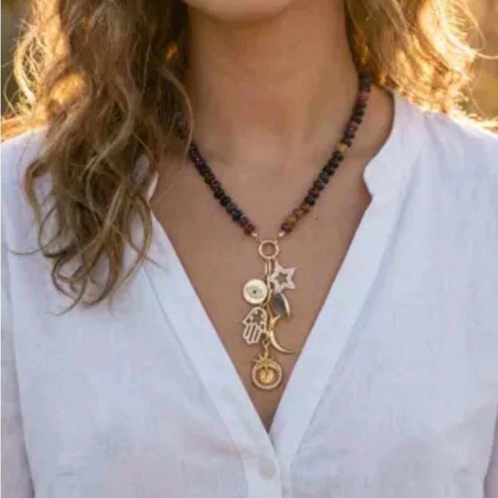 Boho Beaded Charm Necklace Gold Tone Hamsa Star Moon Evil Eye Celestial Gemstone