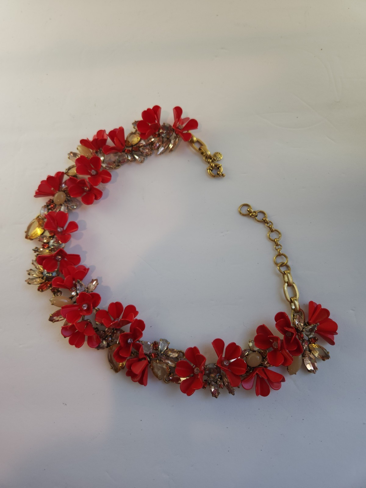 J.CREW Signed Red Flower Collar Statement Necklace Crystal Rhinestone Lobster