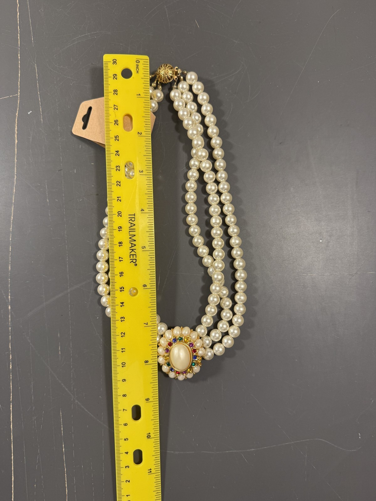 Vintage Triple Strand Faux Pearl Necklace Gold Tone Multi-Color Rhinestone