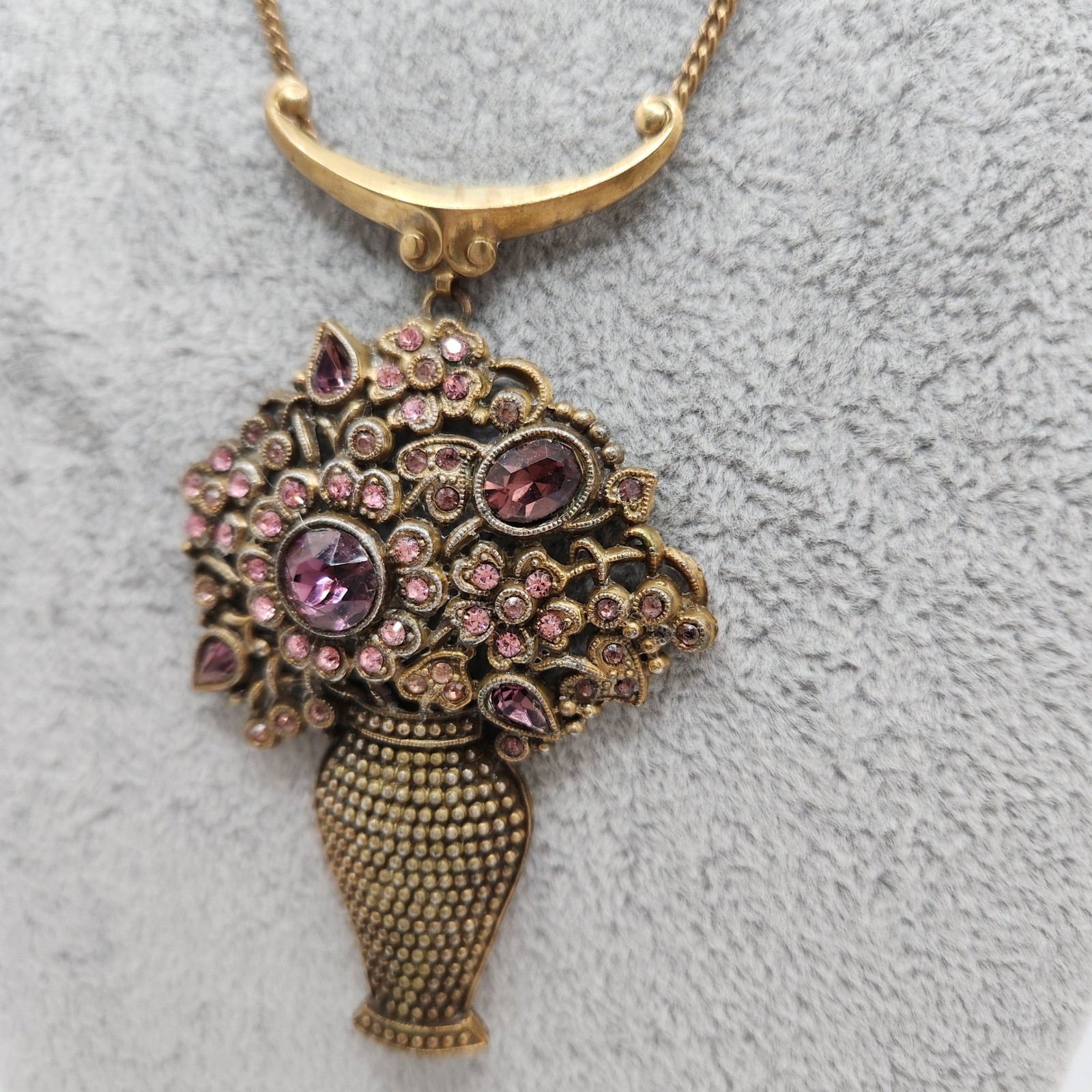 Vintage Floral Vase Pendant Necklace Purple Rhinestone Victorian Revival Gold