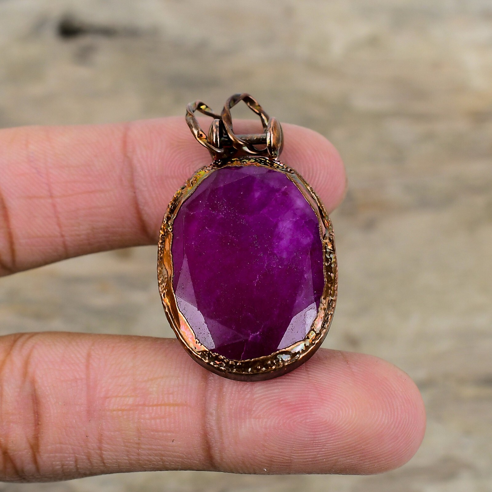 Valentines Sale Copper Oval Kashmir Rubi Stone Wife Electroformed Bezel Pendant