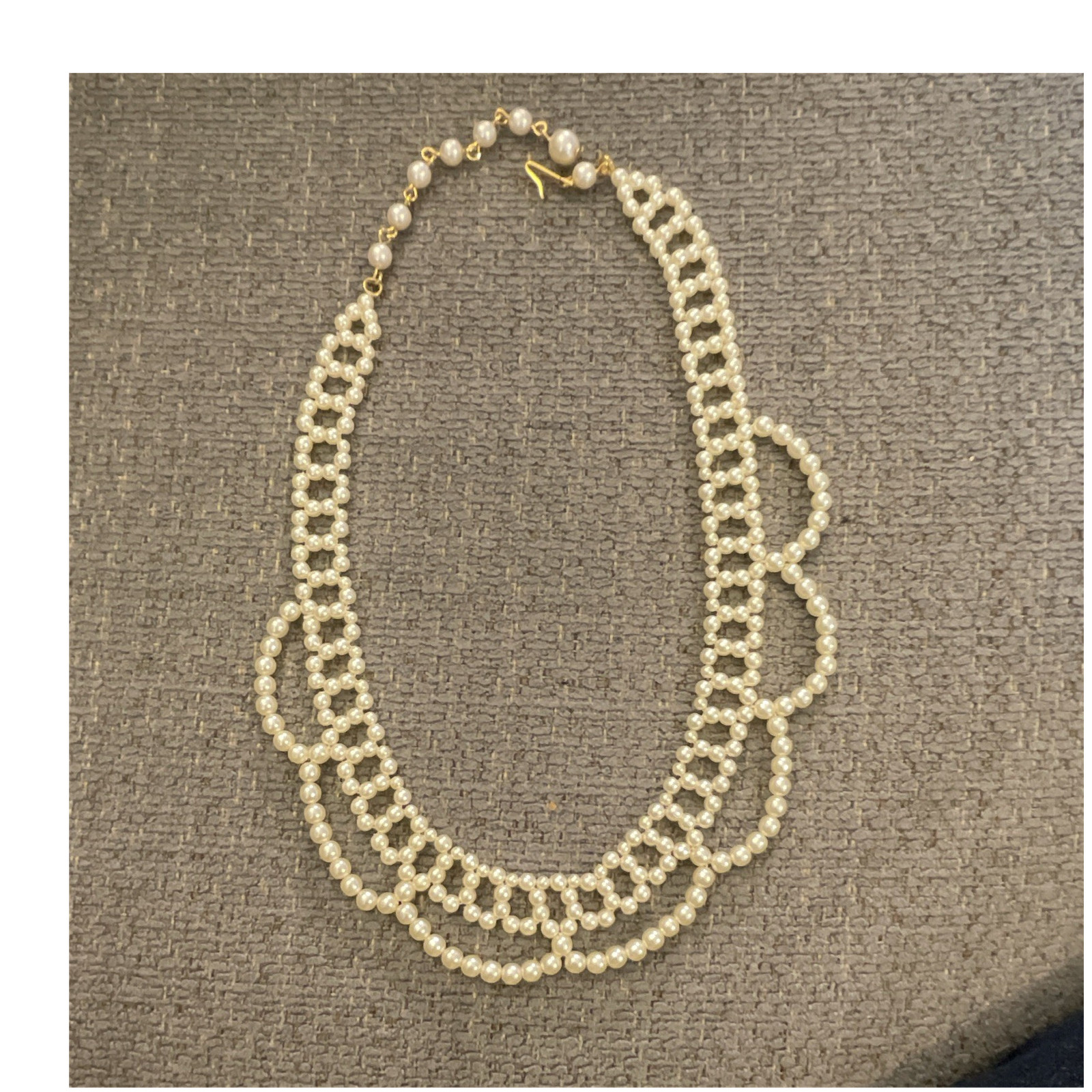 Beaded Imitation Faux Pearl Statement Necklace Hook Closure Gold Tone Ivory