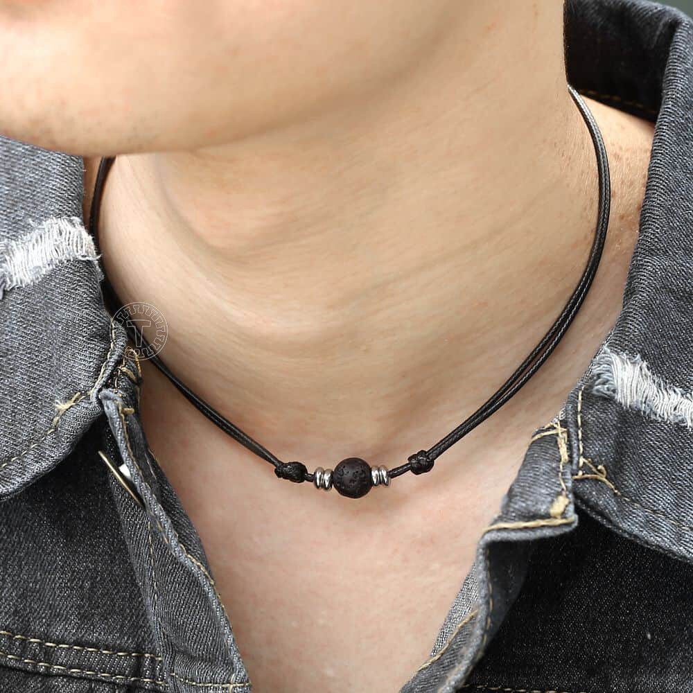 Natural Lava Rock Charm Leather Rope Choker Necklace for Women Men