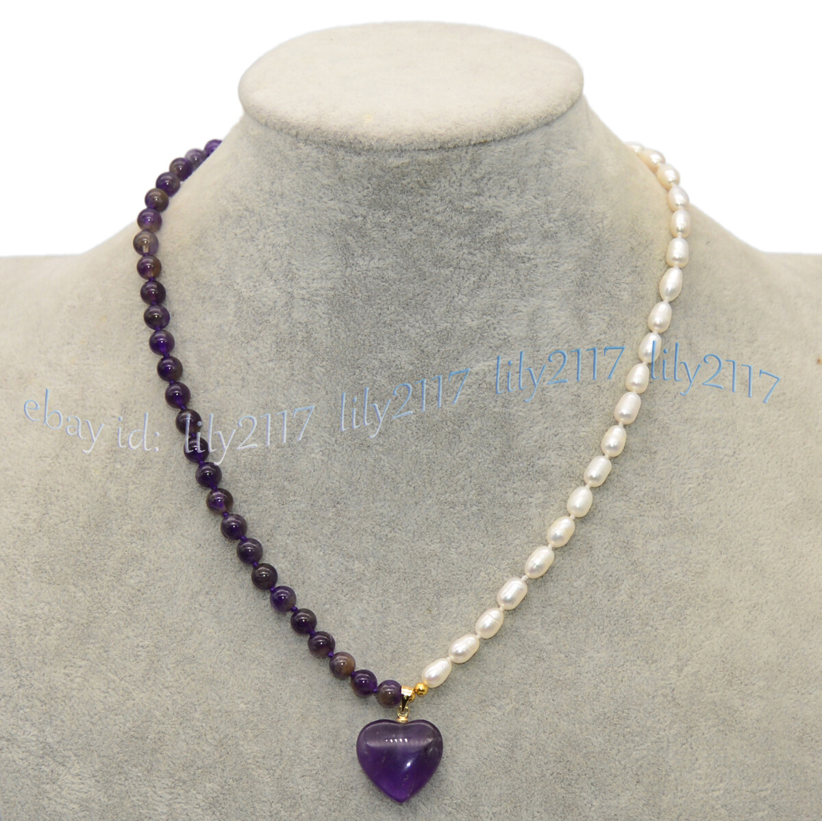 6-7mm White Rice Pearl Natural Purple Amethyst Heart Pendant Necklaces 14-32inch
