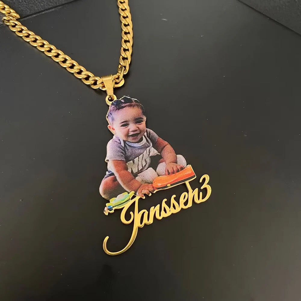 Customized Colorful Photo Name Necklace Jewelry Gift Stainless Steel Gold Silver