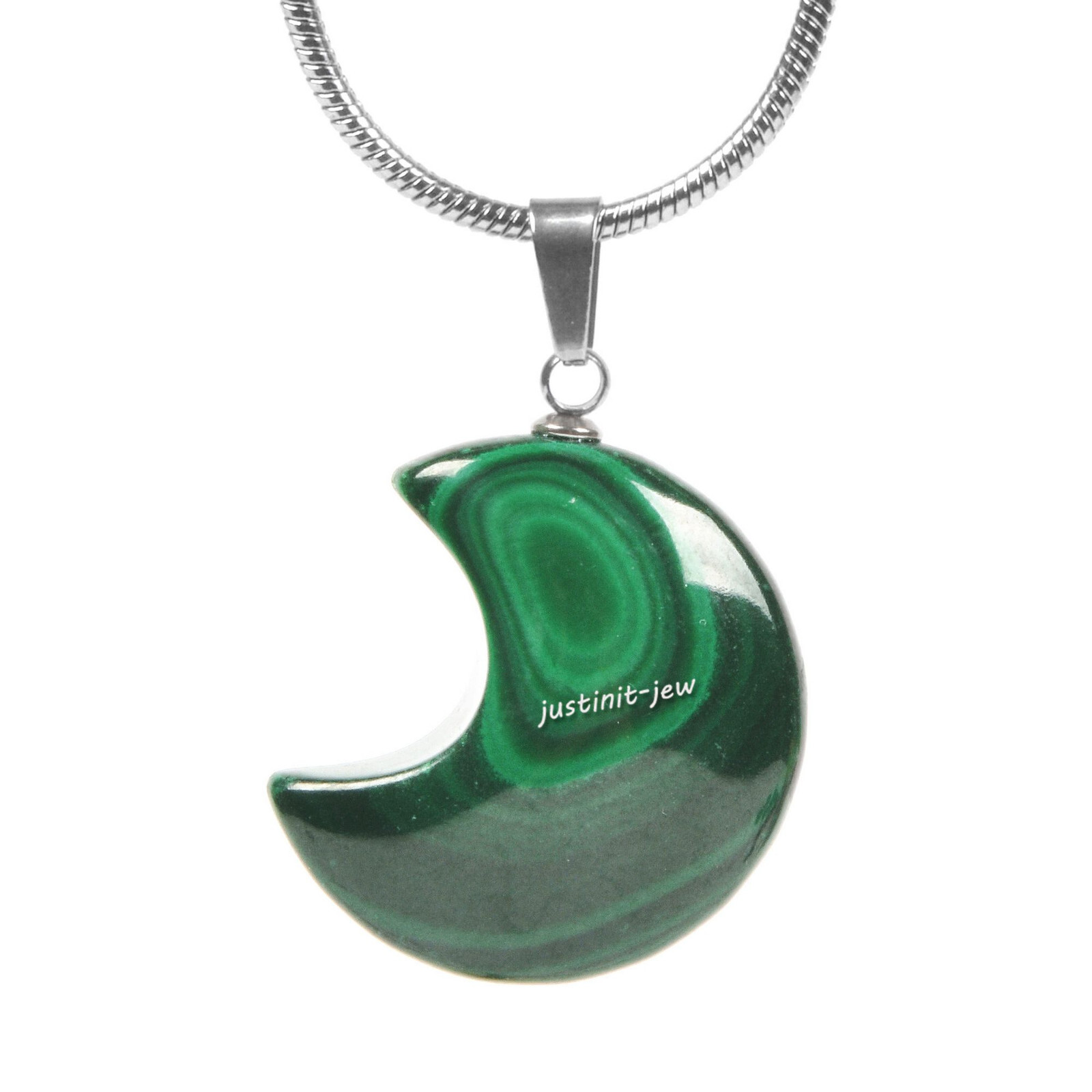 22mm Natural Malachite Carved Moon Chakra Pendant Necklace 22 inch