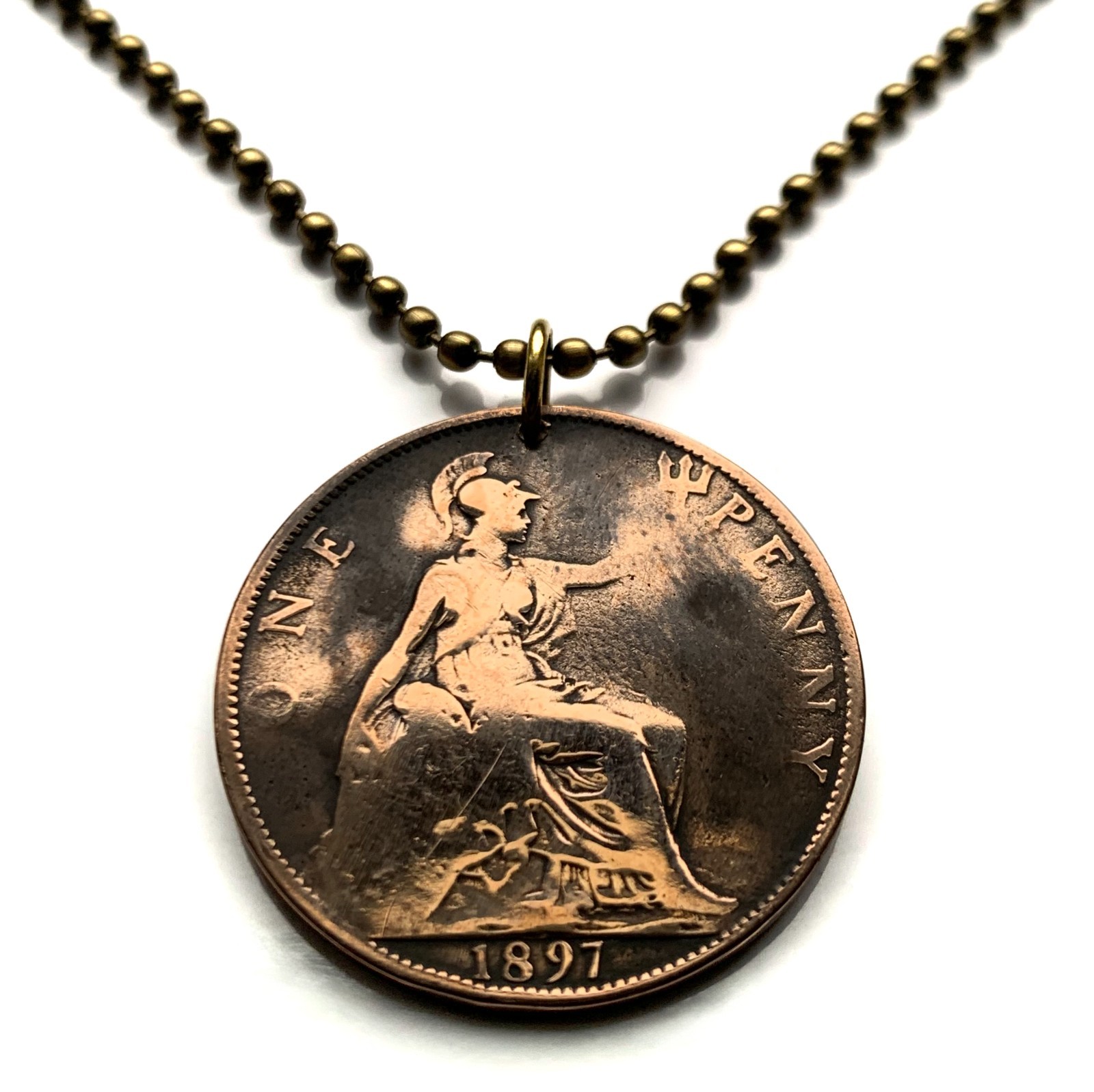 1897 United Kingdom 1 Penny coin pendant Queen Victoria London Manchester 001616