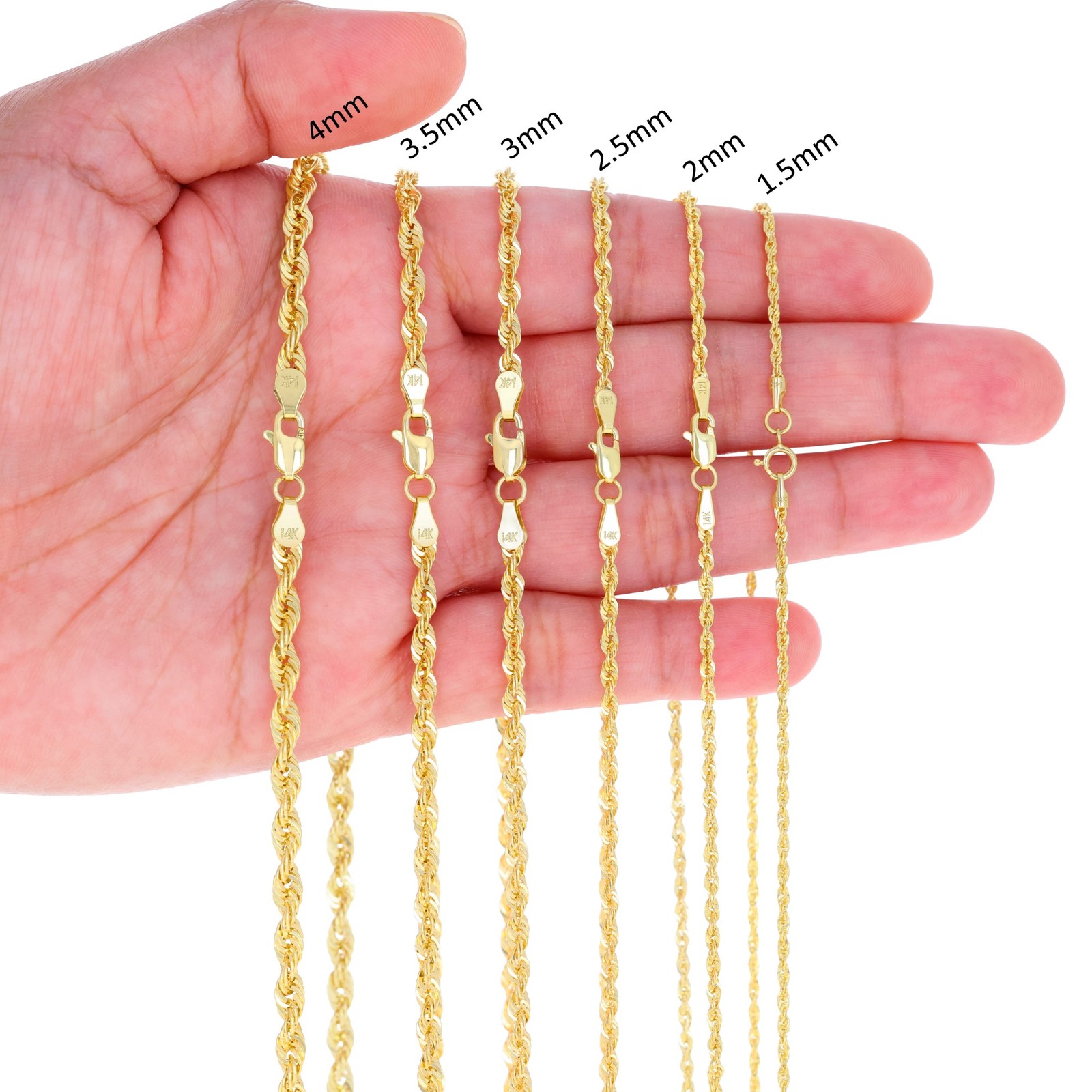 14K Yellow Gold 1mm-4mm Laser Diamond Cut Rope Chain Necklace Men Women 16″- 30″