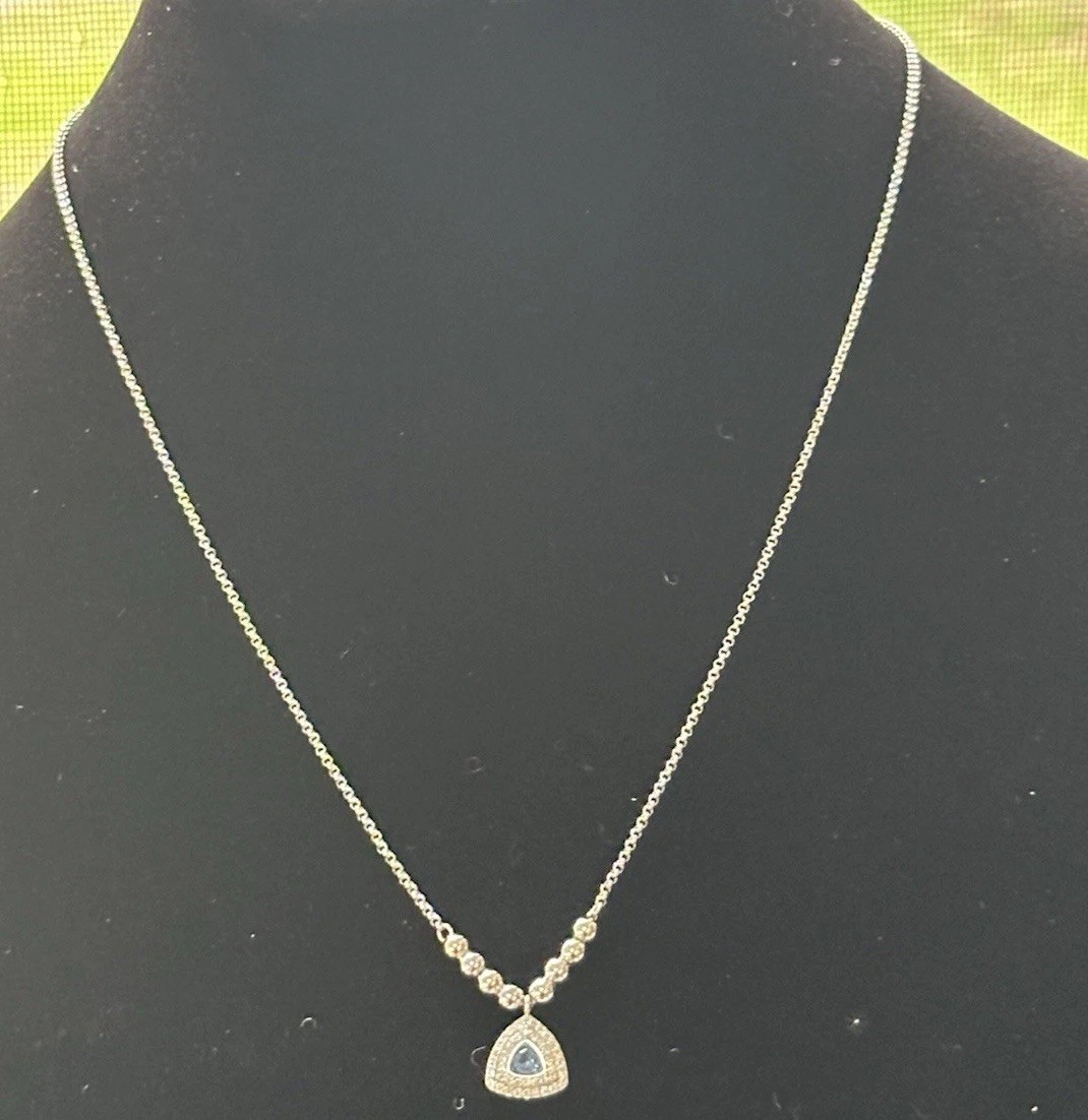 Bomb Party Blue Trillion Stone Necklace Silver Tone Pave Pendant Preowned
