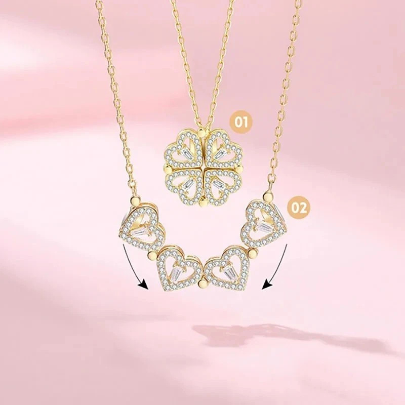 Four Leaf Clover Magnetic Folding Heart Crystal Pendant Necklace- Elegant