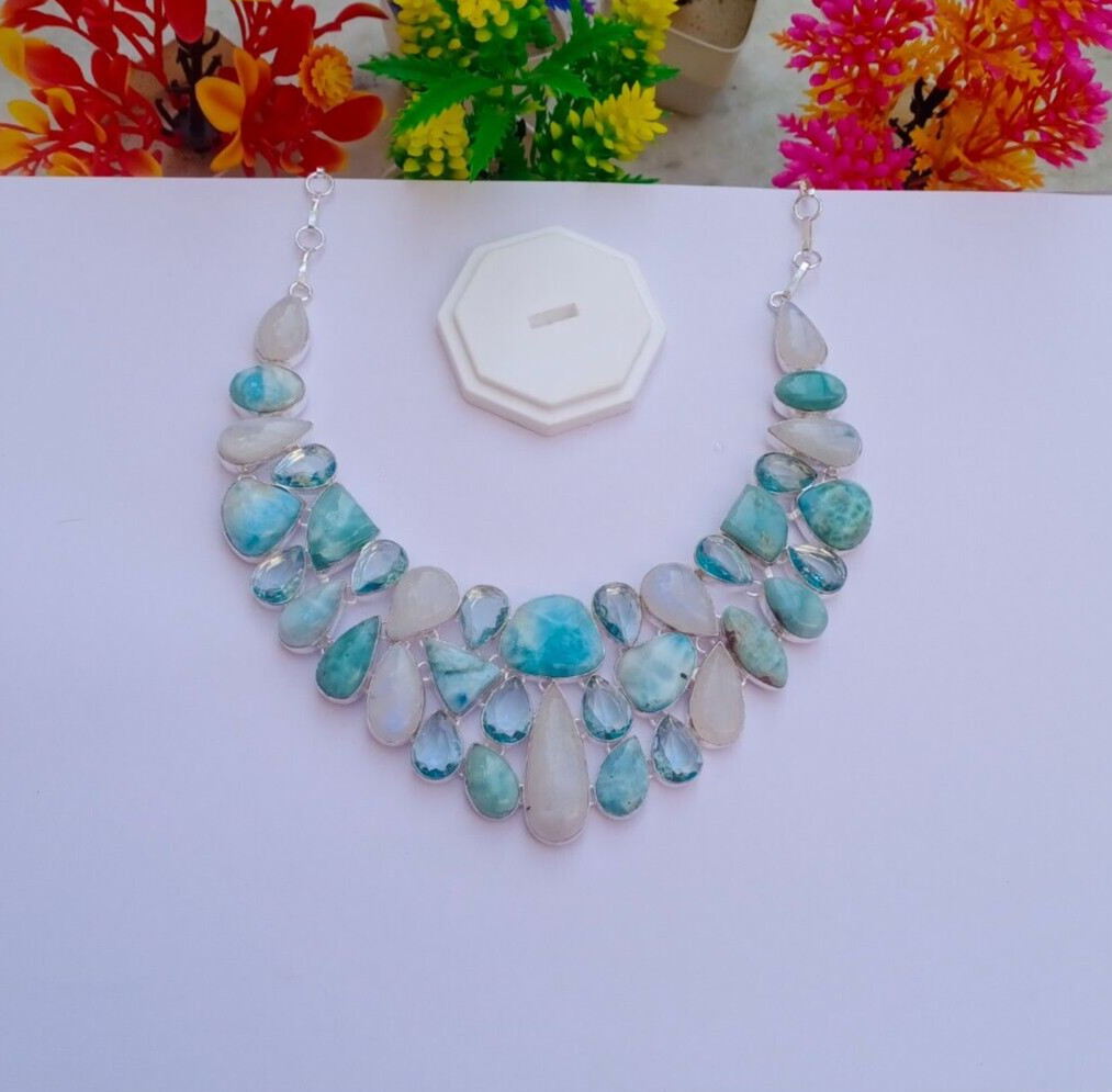 Natural Moonstone Necklace, Silver Plated Necklace, Larimar, Aquamarine Stone