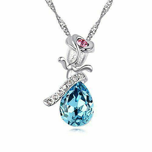 Valentine’s Day Gift for Her Unique Teardrop Blue Crystal Necklace Love w/ box