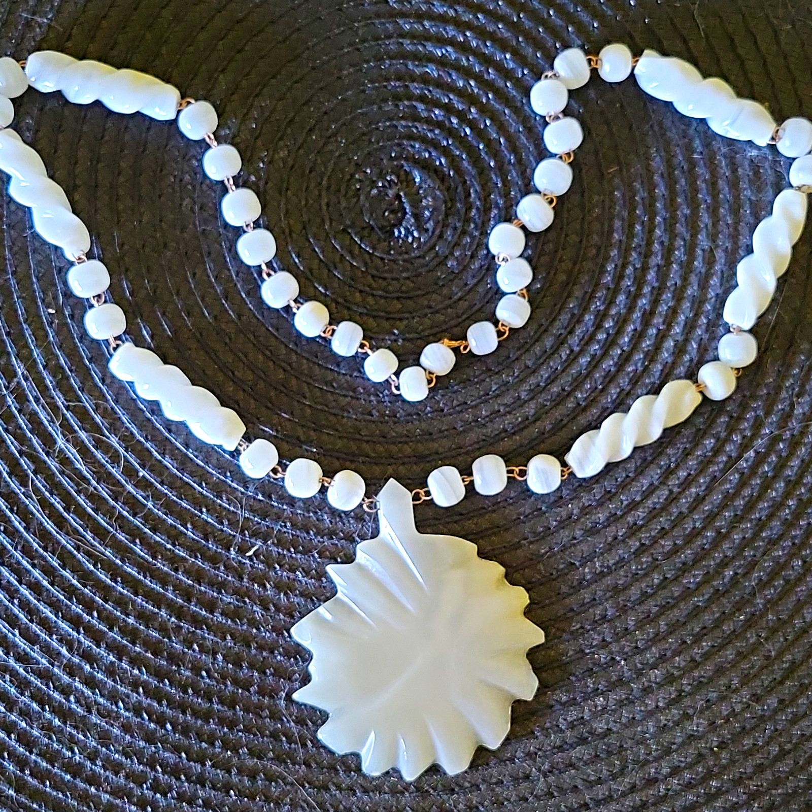 White Glass Beaded Necklace Round Charm Pendant Hook Closure Ball/Bead Chain