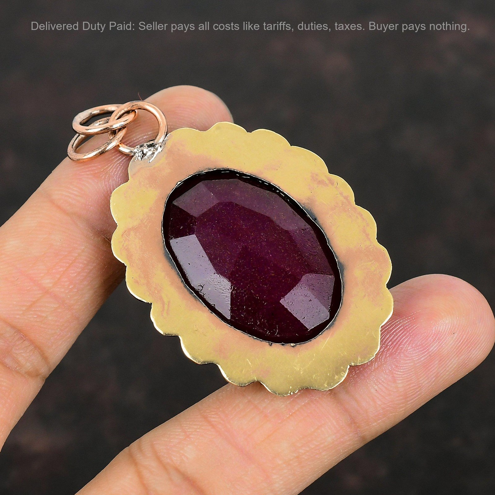 Oval Kashmir Rubi Stone Copper Bezel Anniversary Sister Wedding Trendy Pendant