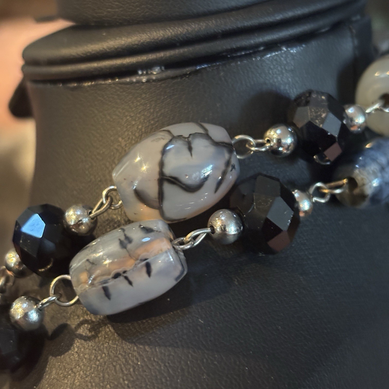 Vintage Boho Long Silver Chain Necklace Mixed Grey Black Agate Stone Beads 32”