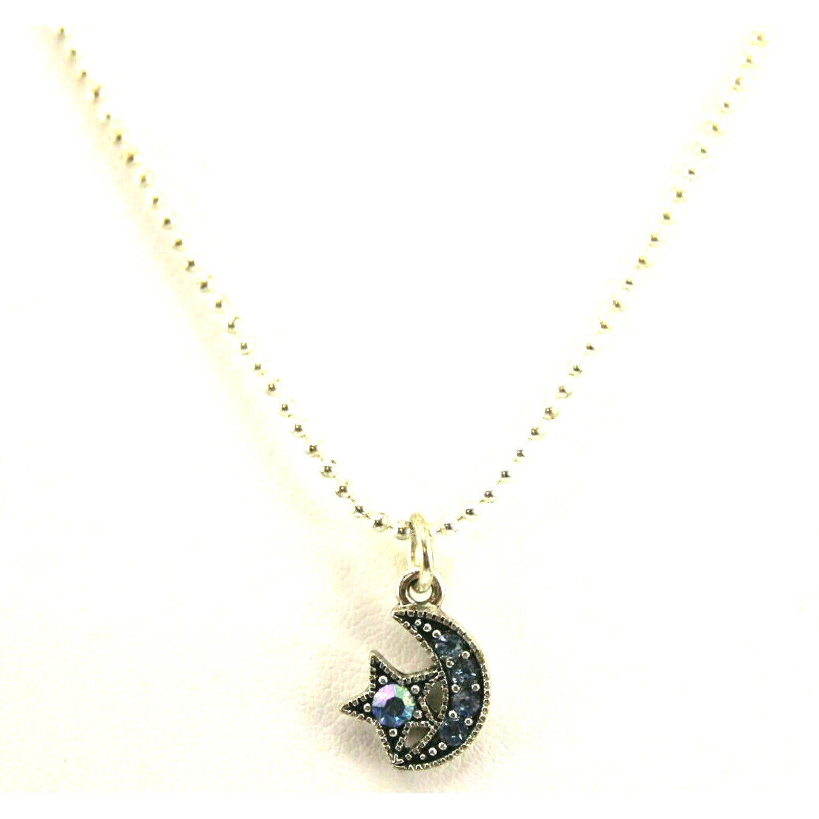 Shining Blue Rhinestone Star & Moon Silvertone Pendant Ball Chain