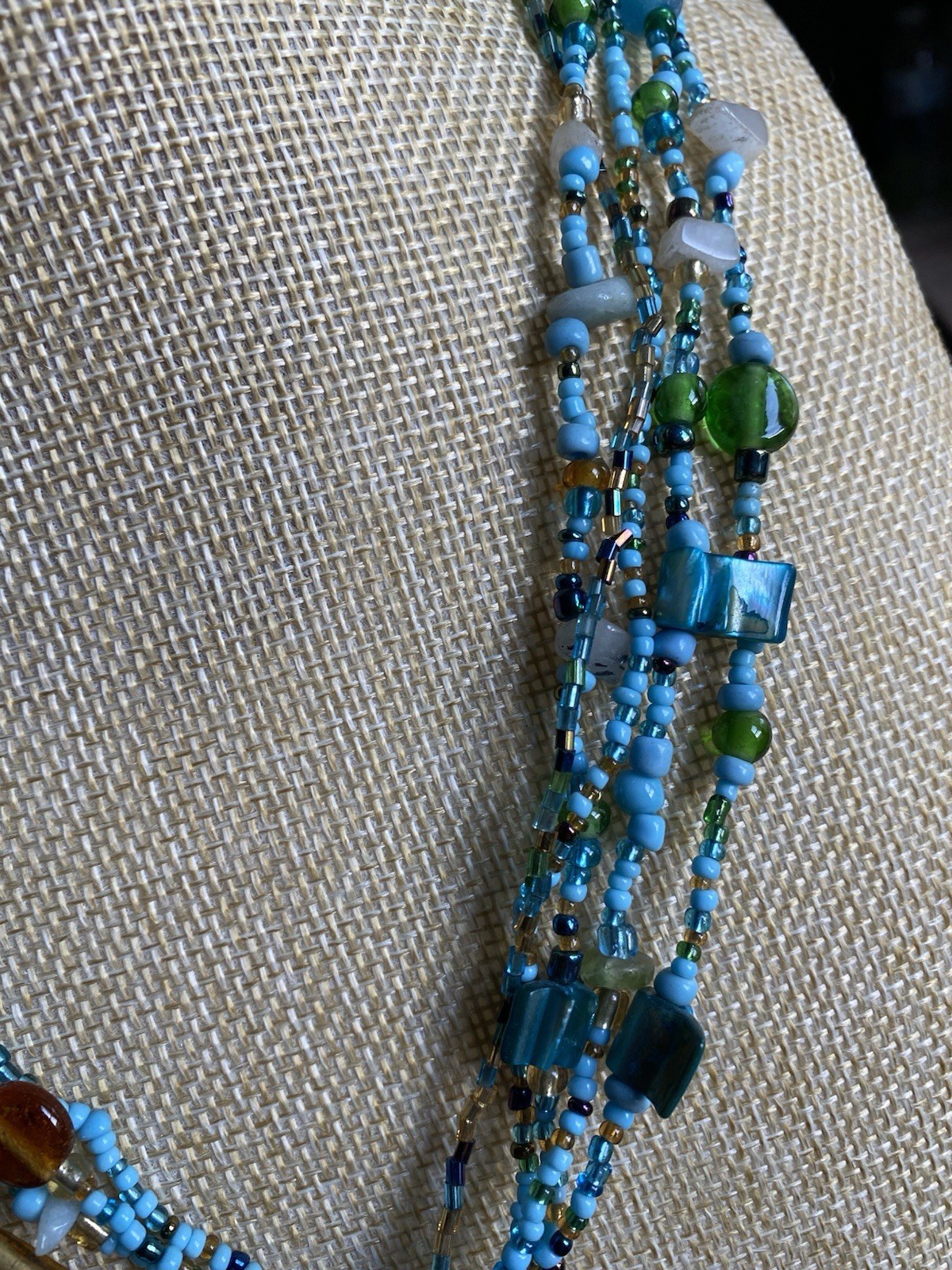 Boho Multi Strand Beaded Lariat Necklace Turquoise Blue Green Seed Bead Tassel