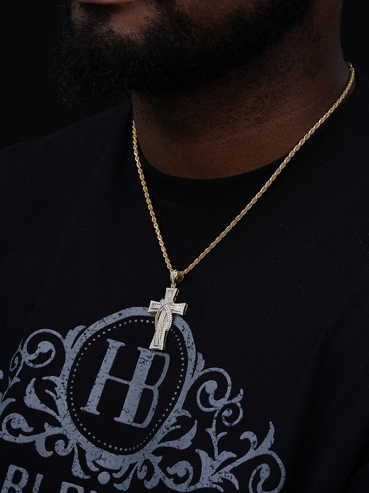 Cross Crucifix Pendant Simulated Diamonds 14K Gold Plated 925 Sterling Silver