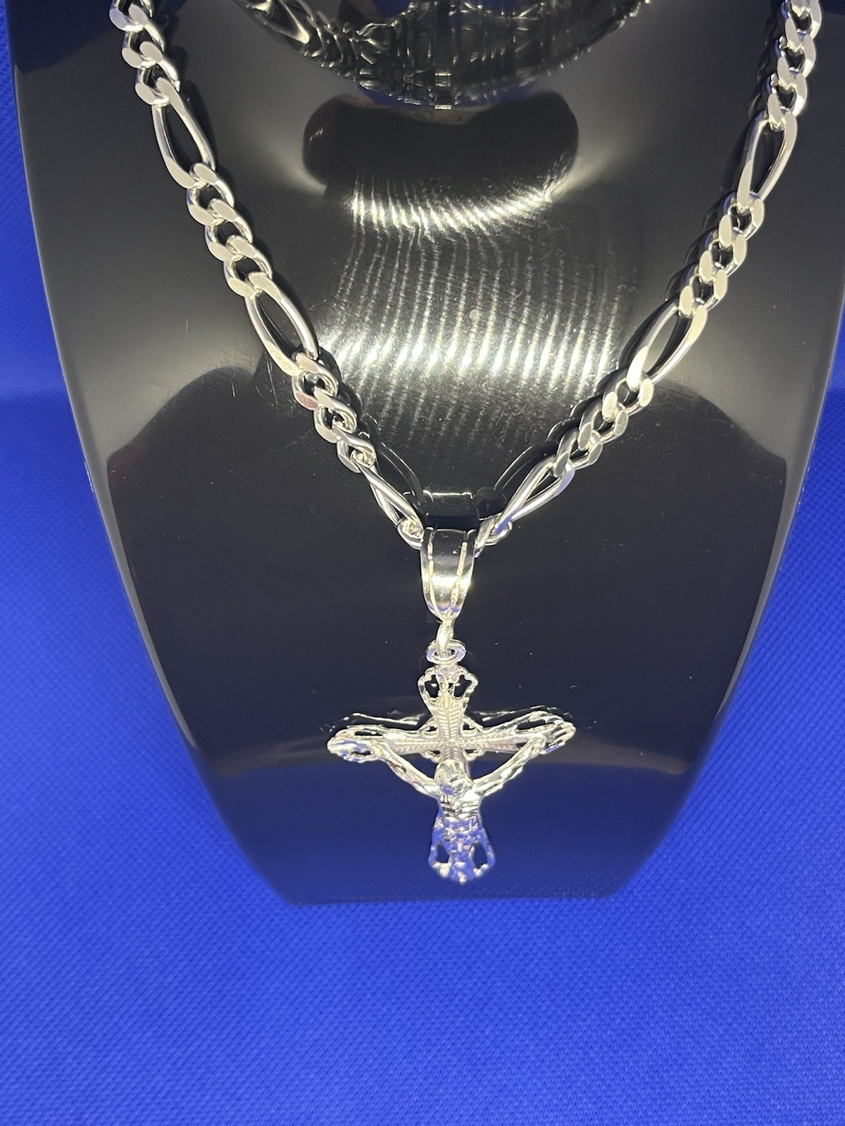 Silver Figaro Chain Necklace With Cross Pendant Religious