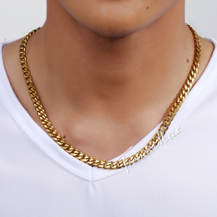7mm 16-36″ Gold Plated Curb Link Stainless Steel Necklace Men Women Chain Choker