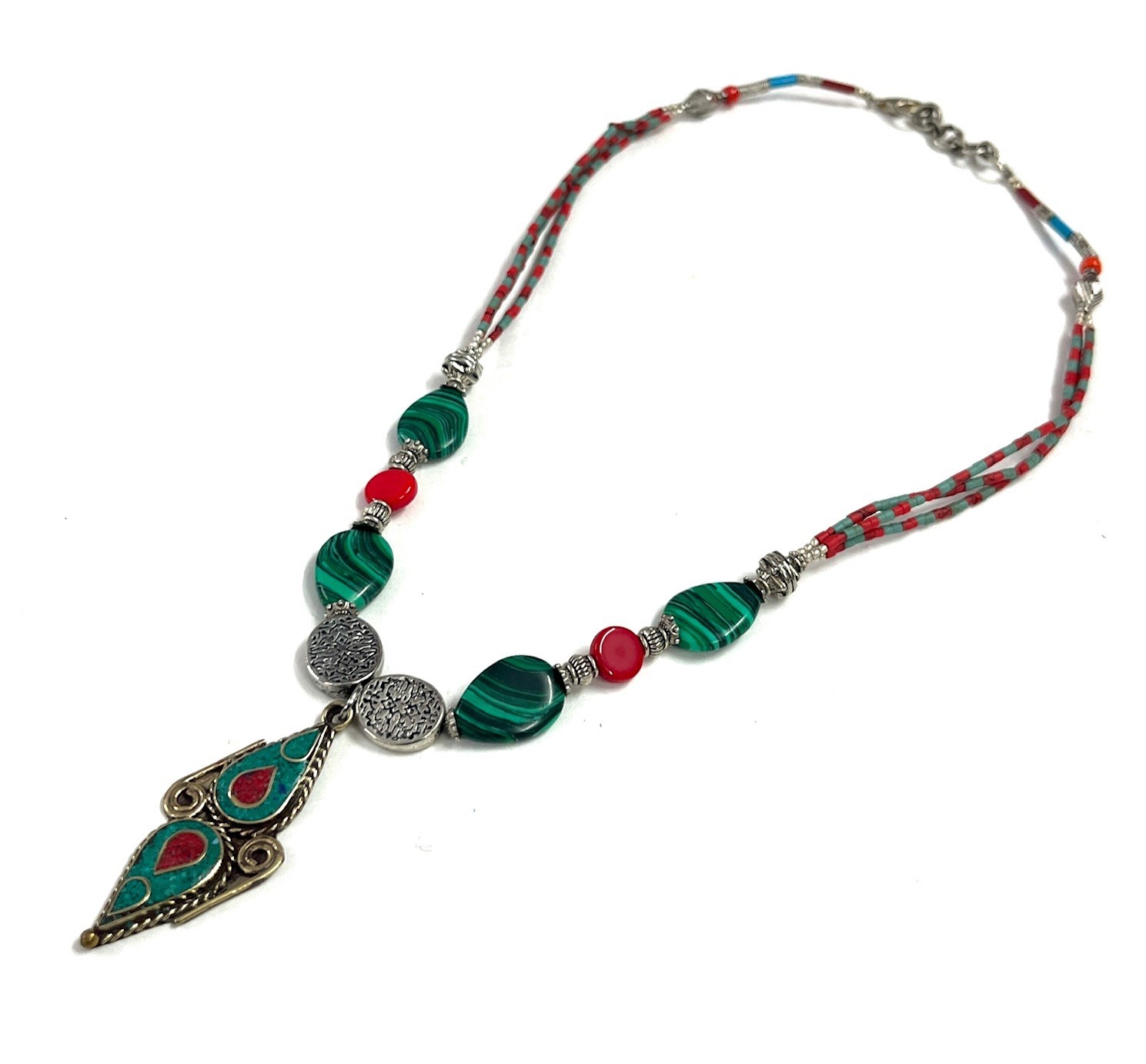 Art Deco Malachite Coral Gemstone Tibetan Necklace Jewelry, 18 Inc Adjs