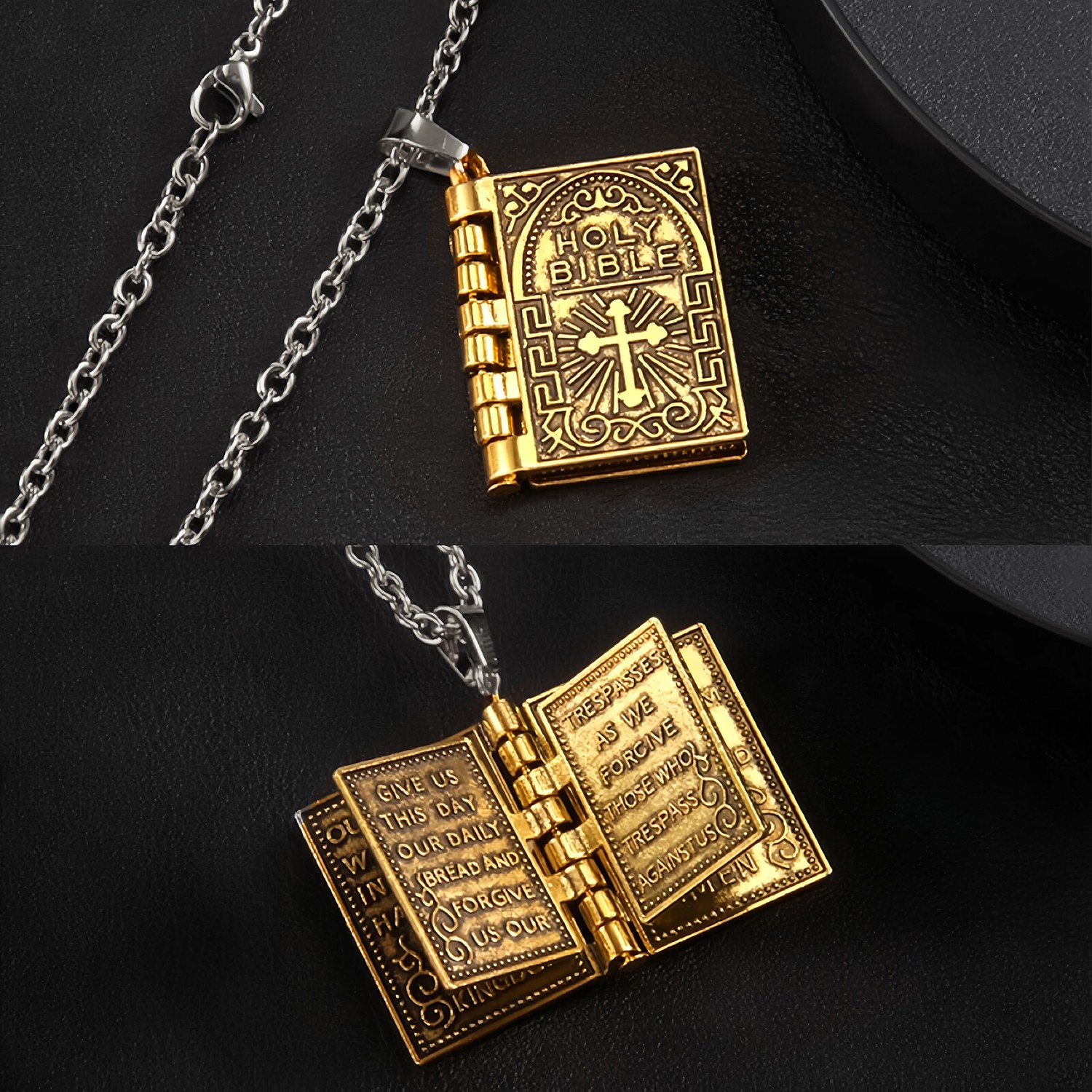 Bible Book Pendant Necklace Vintage Gold Cross Unique Jewelry For Men Women US