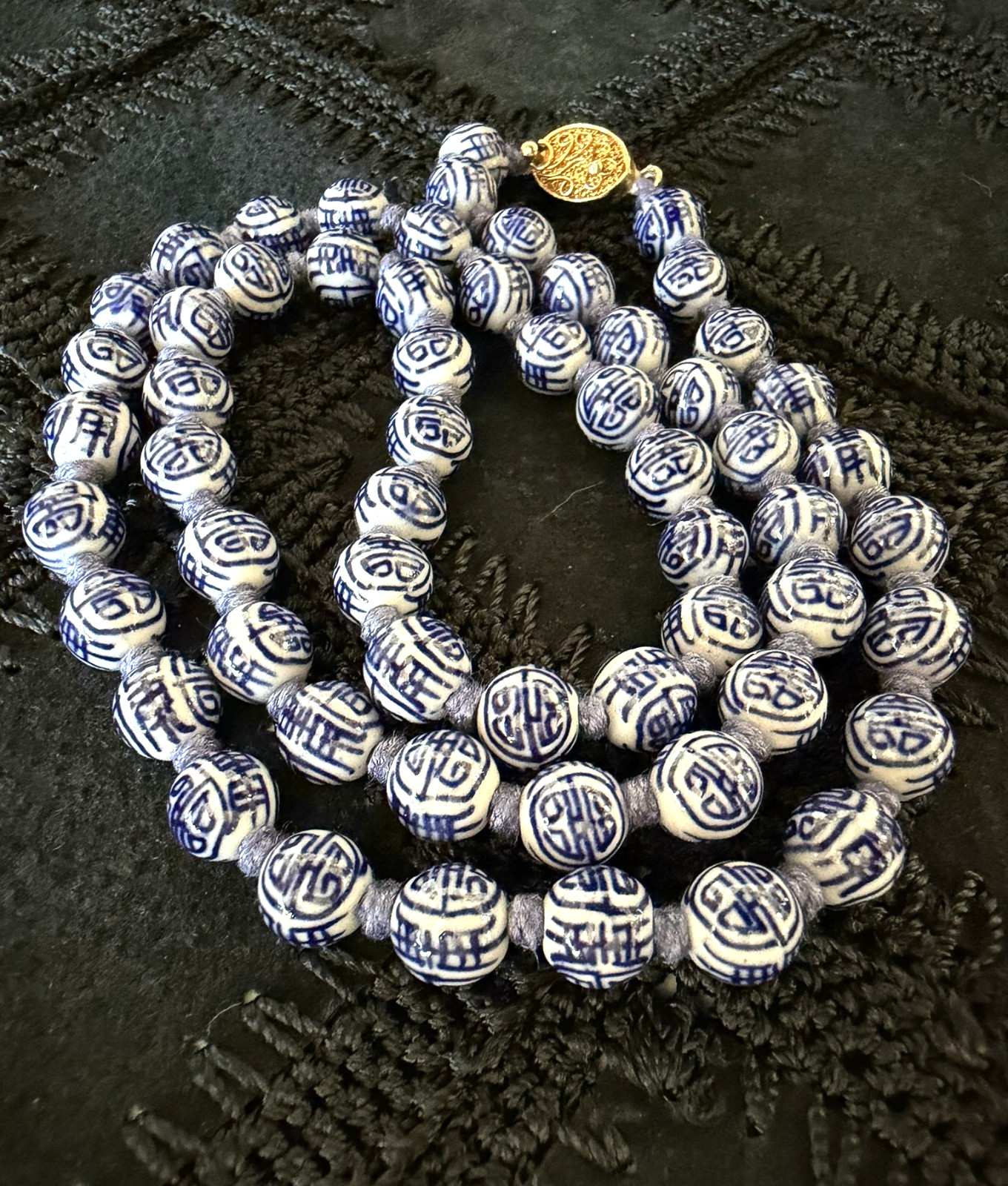 Vintage Chinese Necklace Blue White Porcelain SHOU Longevity Beads 24″ Knotted