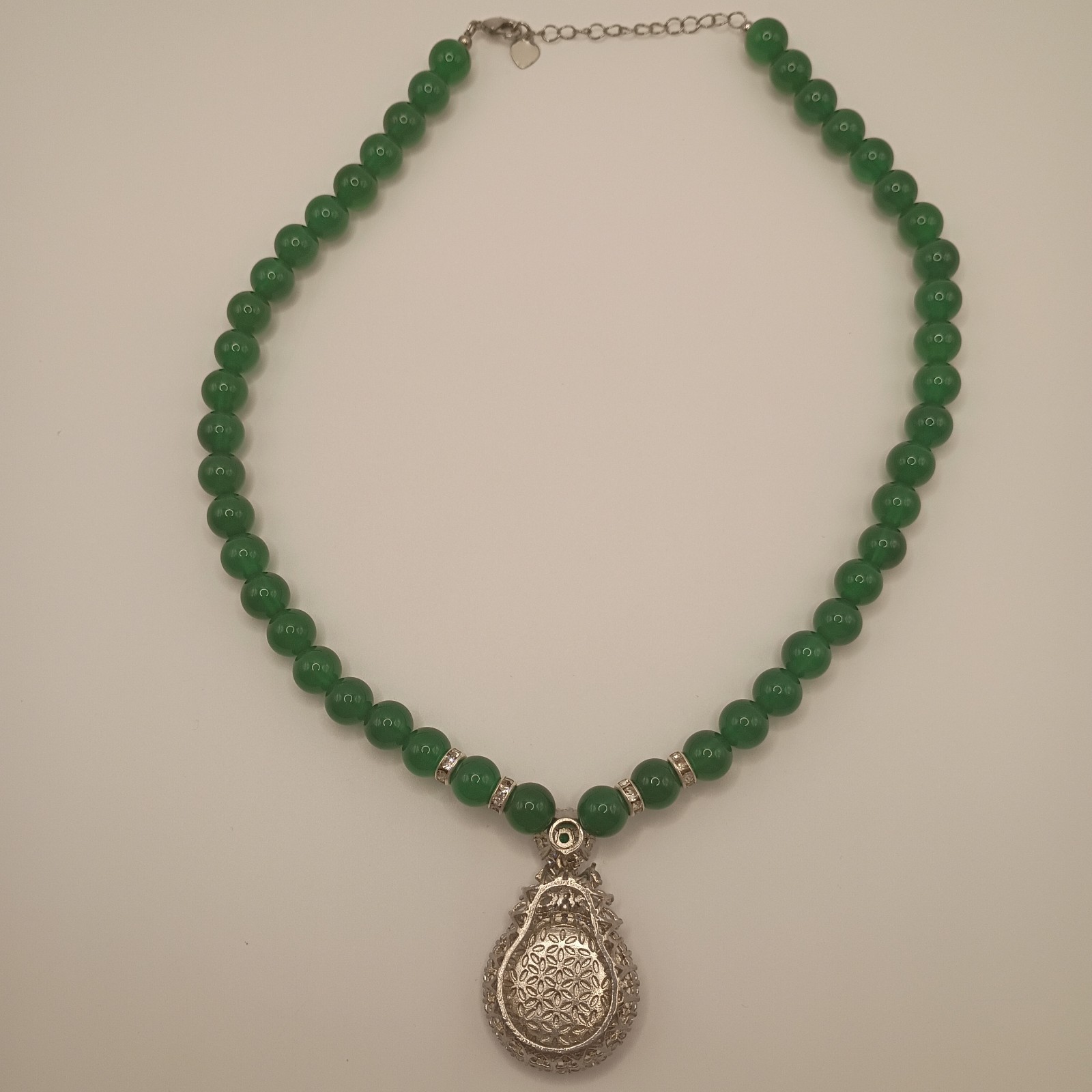 Green Agate Donut & Cubic Zirconia Halo Necklace Chinese Ping’an Kou 17″